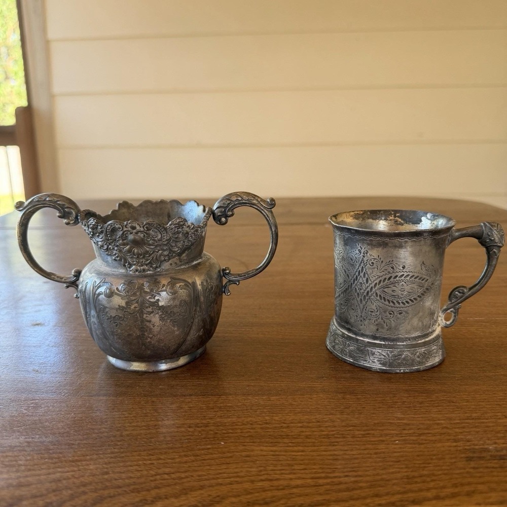 Antique Victorian Silverplate Cup & Sugar Bowl Lot Derby Silver Co Pattern 309